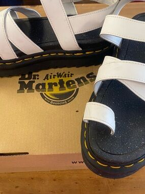 Dr. Martens White Strappy Sandals with Yellow Stitching